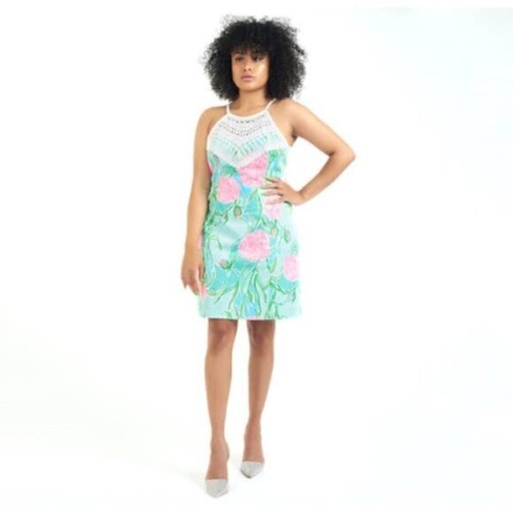 Lilly Pulitzer Pearl Shift Hight Neck Shift Dress Poolside Blue Green Floral 4 - Picture 1 of 7